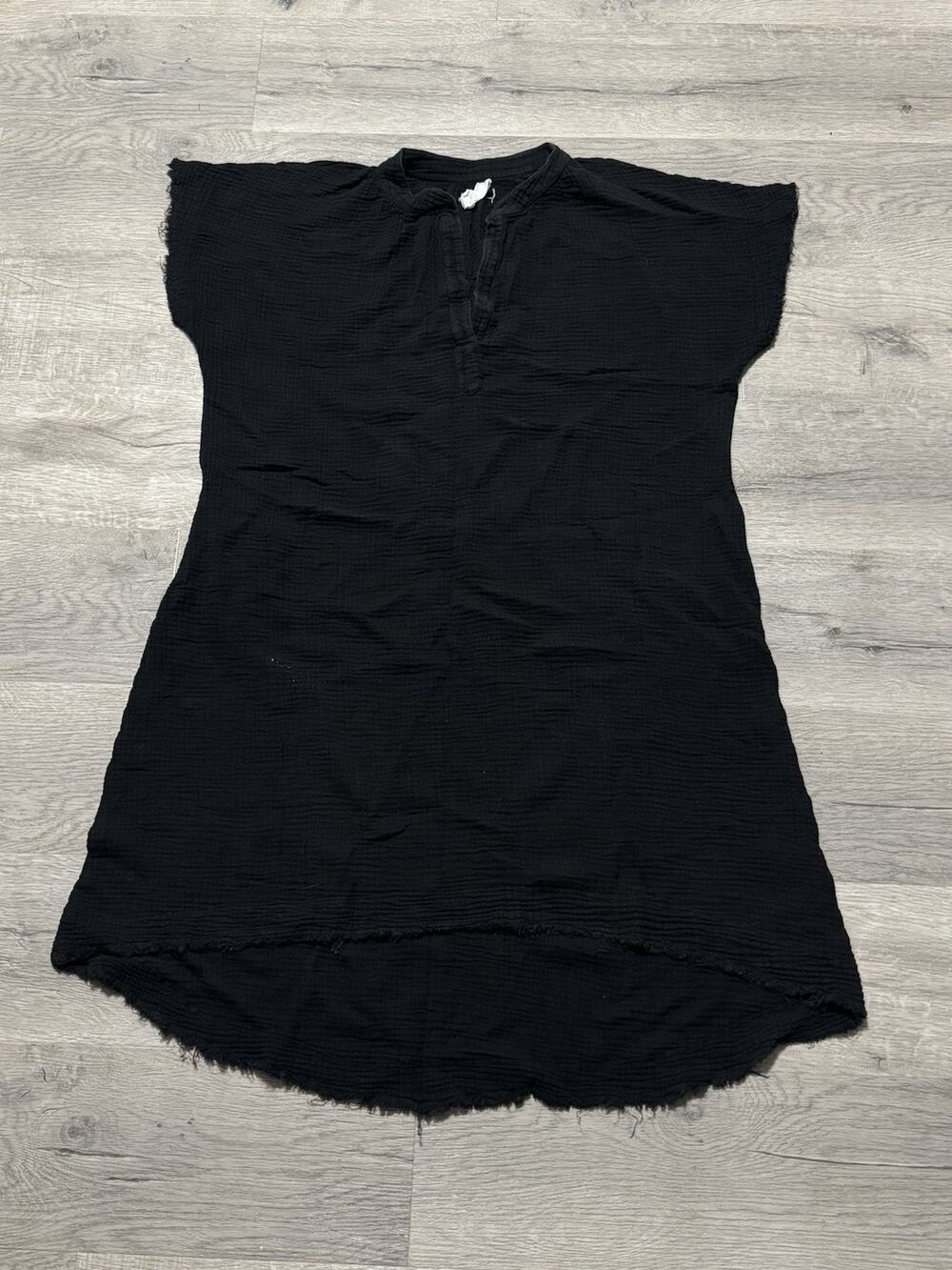 9Seed Short Sleeve Caftan Dress Coverup Gauze Crinkle Black One Size Pockets